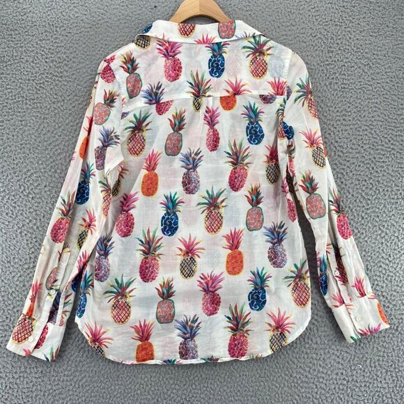 J Crew Shirt Womens 2 White Multi Pineapple 1/4 Button Up Collared Long Sleeves - Picture 3 of 11